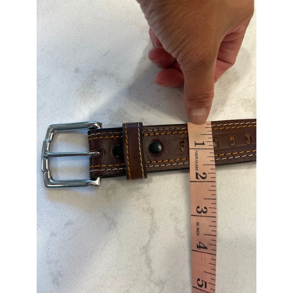Ramos Mens Brown Leather Belt Double Stitch Perforated Size 40 Silver Buckle